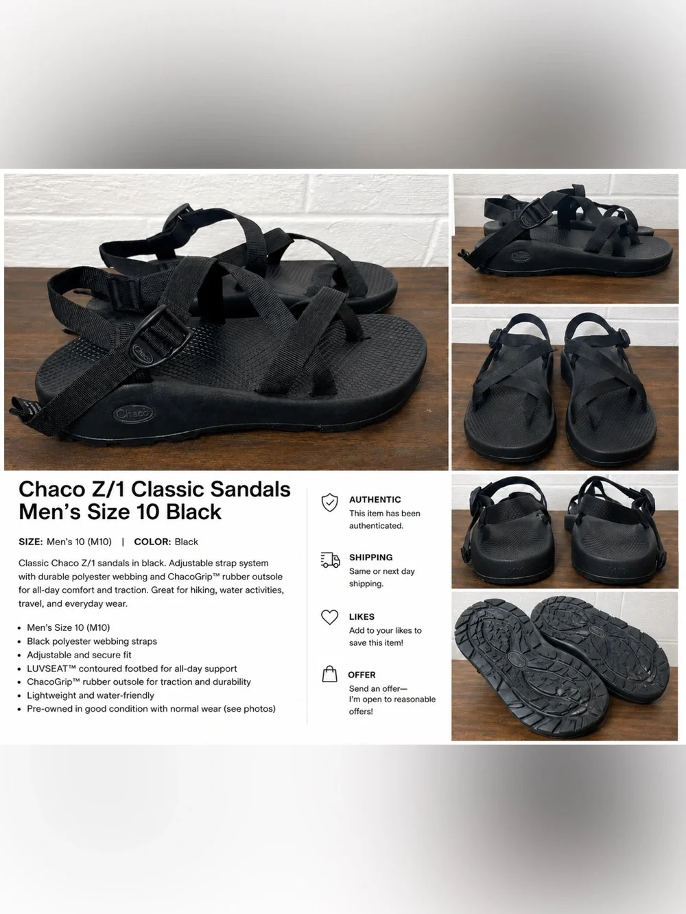 Chaco Z/1 Classic Sandals Men’s Size 10 Black Adjustable Outdoor Hiking Sandals